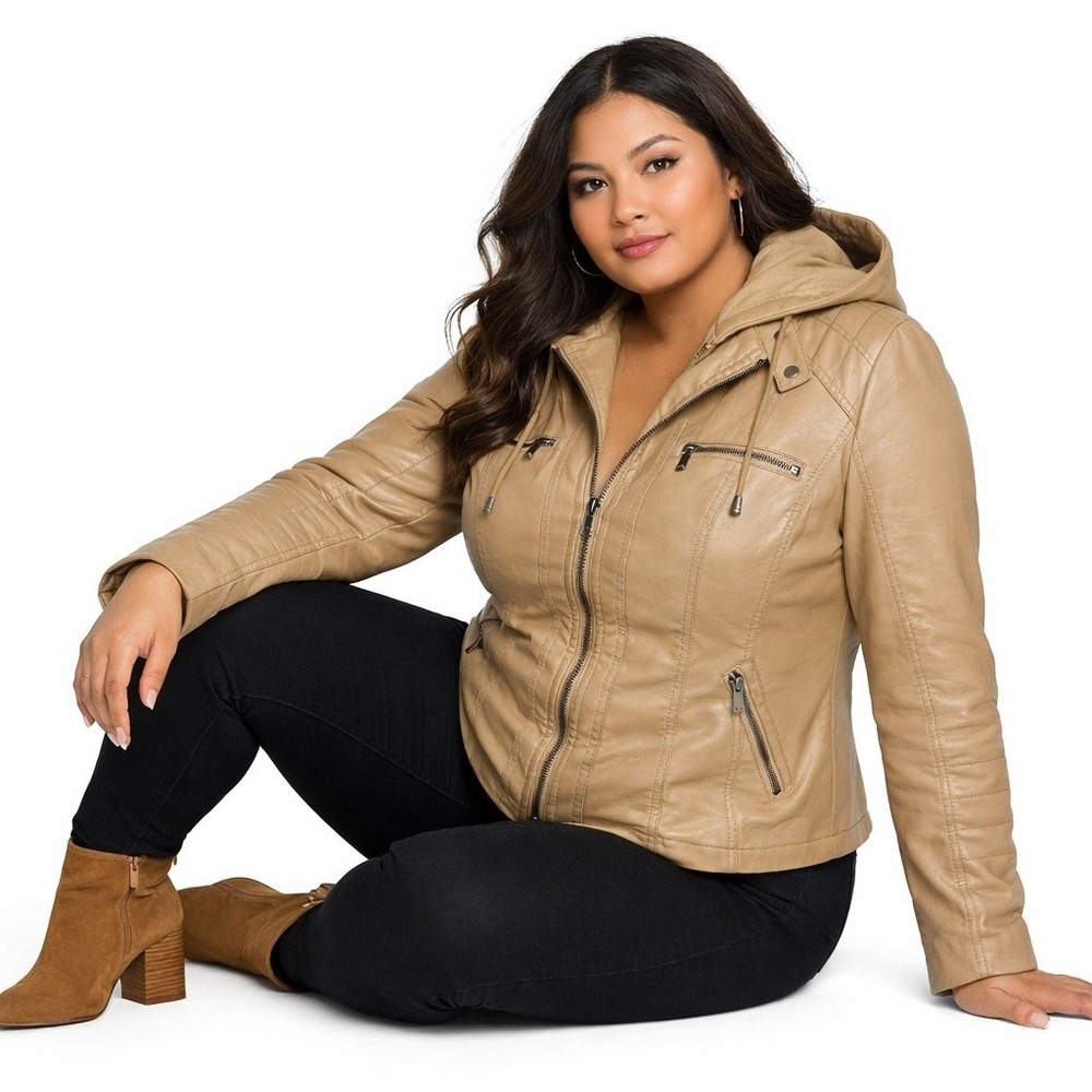 Tanming Women's Removable Hooded Faux‎ Leather Jackets in Apricot/Tan